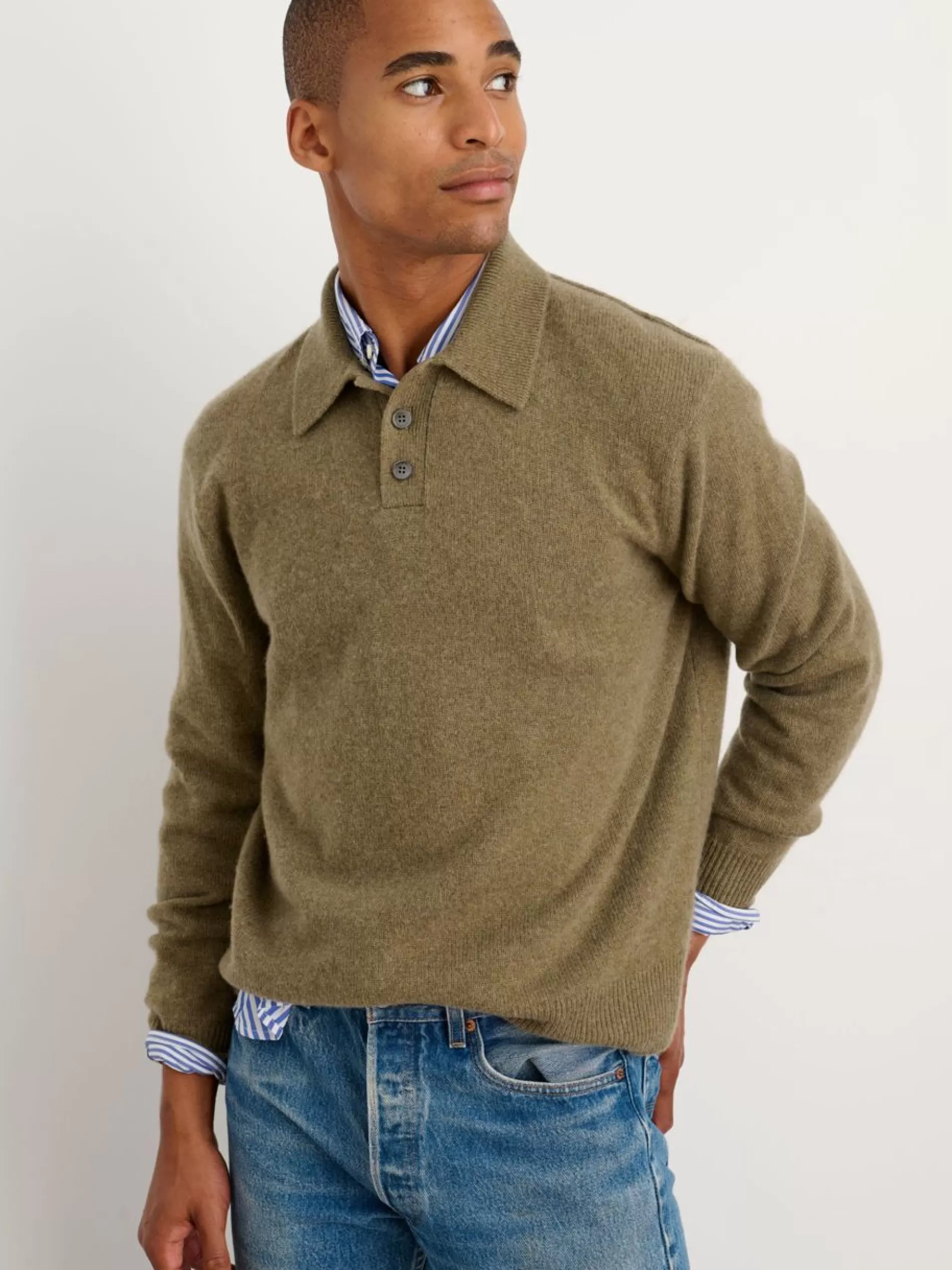 Alex Mill Polo Sweater In Washed Cashmere Heather Olive Outlet
